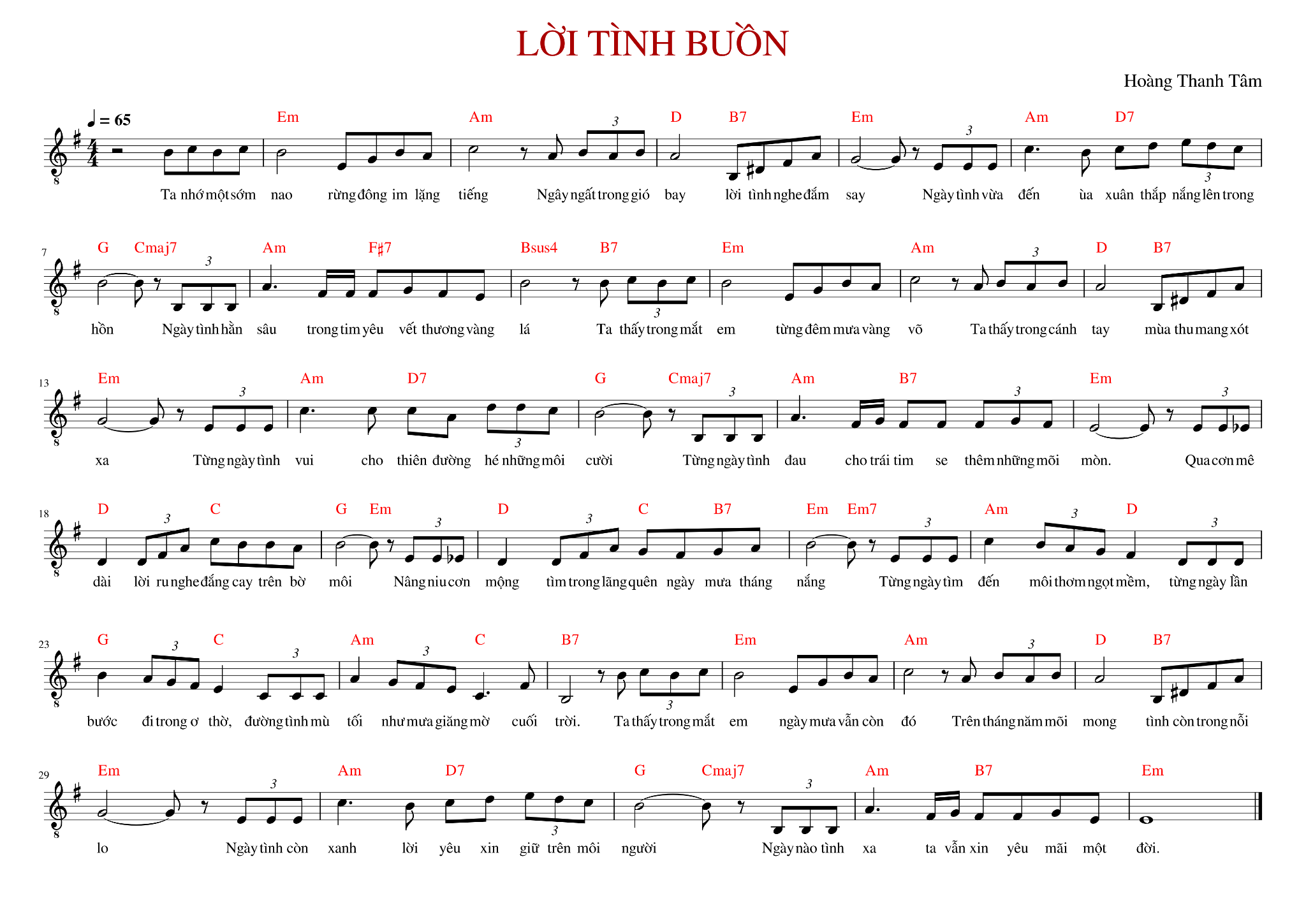 Hợp âm bài hát Lời Tình Buồn