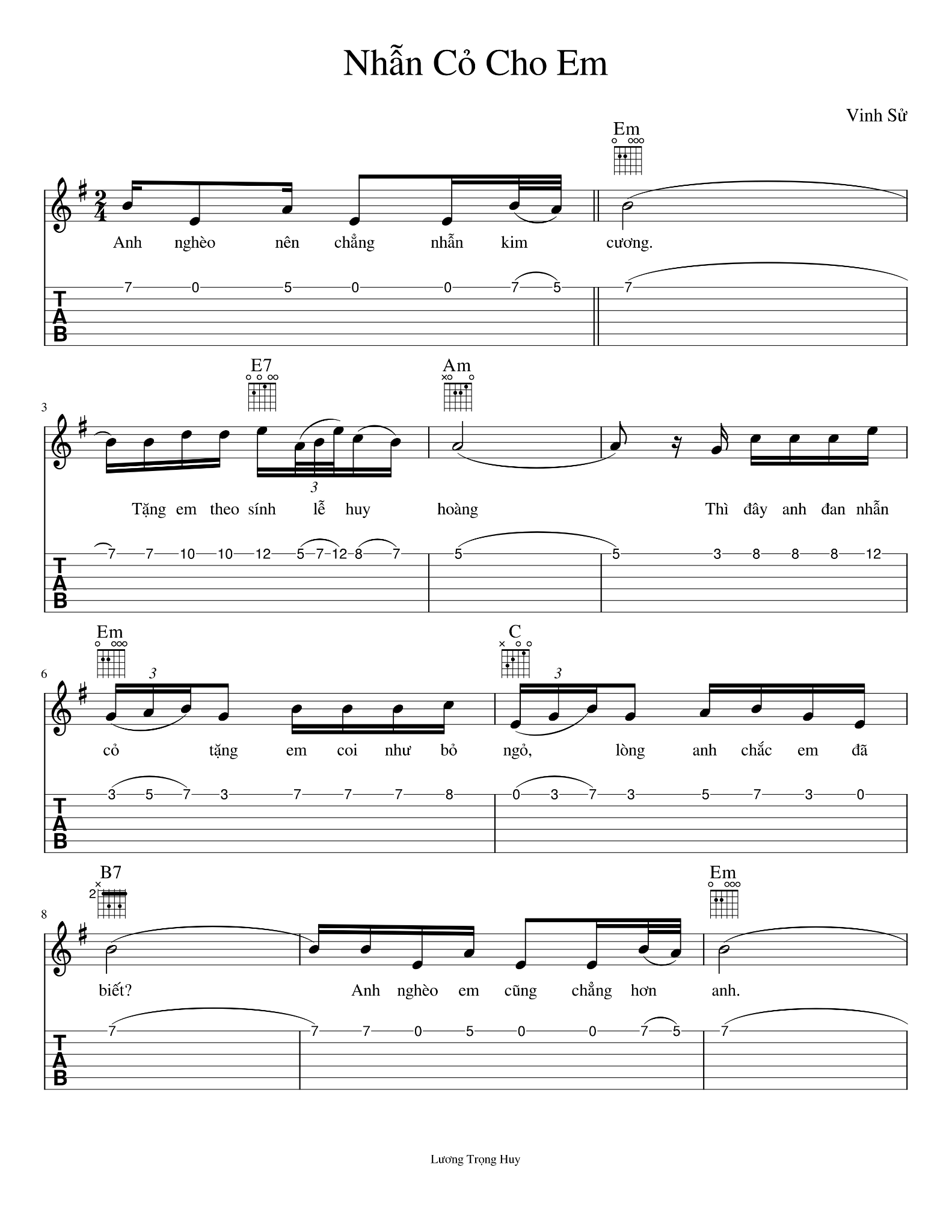 Hợp âm bài hát Nhẫn Cỏ Cho Em